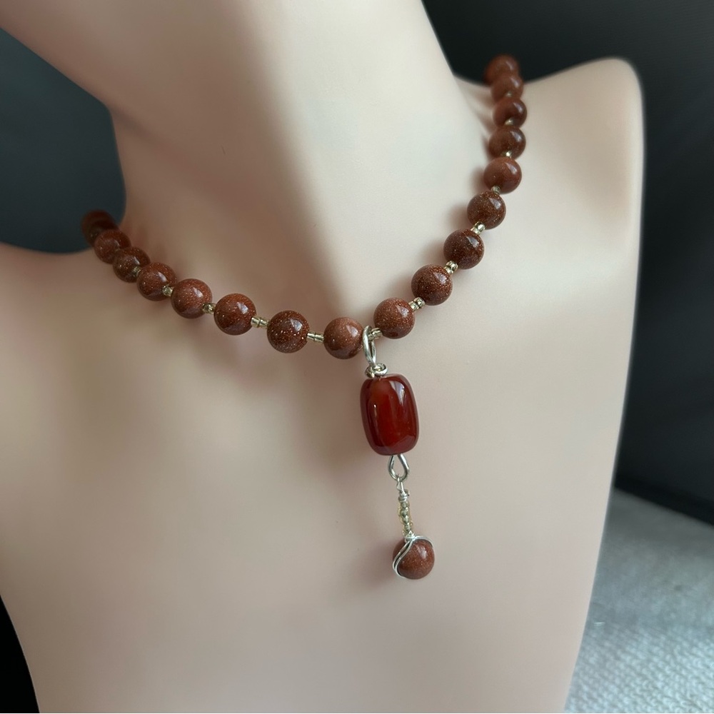 Hand Crafted.Goldstone 6mm and chunky Carnelian14 mm Bead Pendant Necklace.New